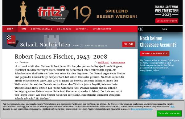 Vorschau von de.chessbase.com, Robert Fischer, 11. Schachweltmeister