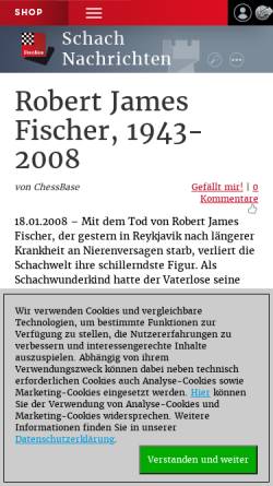 Vorschau der mobilen Webseite de.chessbase.com, Robert Fischer, 11. Schachweltmeister