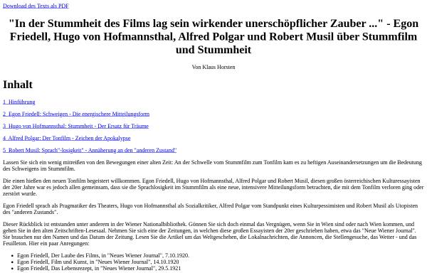 Egon Friedell, Hugo von Hofmannsthal, Alfred Polgar und Robert Musil über Stummfilm und Stummheit