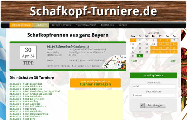 Vorschau von www.schafkopf-turniere.de, Terminkalender für Schafkopfrennen