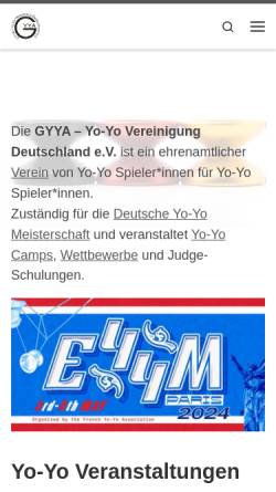 Vorschau der mobilen Webseite www.gyya.de, GYYA - Yo-Yo Vereinigung Deutschland e.V.