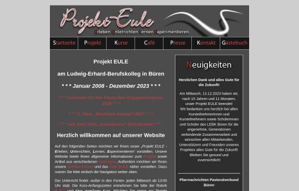 Vorschau von www.projekt-eule.de, EULE - Erleben Unterrichten Lernen Experimentieren