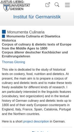 Vorschau der mobilen Webseite www.staff.uni-giessen.de, Monumenta Germaniae Culinaria et Diaetetica