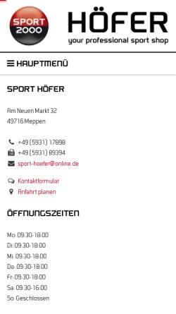 Vorschau der mobilen Webseite www.sport-hoefer.de, Sport2000 Höfer