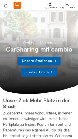 Vorschau der mobilen Webseite www.cambio-carsharing.de, cambio Mobilitätsservice GmbH & Co. KG