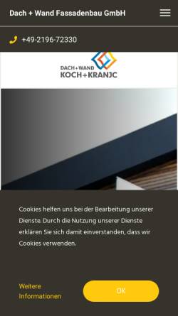 Vorschau der mobilen Webseite www.dach-wand-koch.de, Koch Dach + Wand Fassadenbau GmbH
