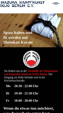 Vorschau der mobilen Webseite www.inazuma.de, Inazuma Kampfkunst Dojo