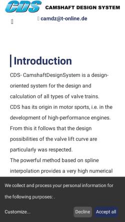 Vorschau der mobilen Webseite www.cds-valvetrain.com, Camshaft Design System-CDS