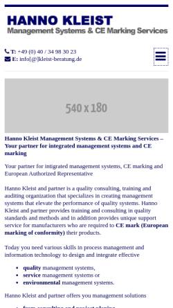 Vorschau der mobilen Webseite www.kleist-beratung.de, Hanno Kleist Management Systems & CE Marking Services