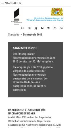Vorschau der mobilen Webseite www.staatspreis.de, Bayerischer Staatspreis für Nachwuchs-Designer