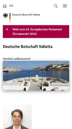 Vorschau der mobilen Webseite valletta.diplo.de, Malta, deutsche Botschaft Valletta