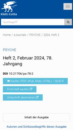 Vorschau der mobilen Webseite www.psyche.de, Psyche - Zeitschrift für Psychoanalyse und ihre Anwendungen