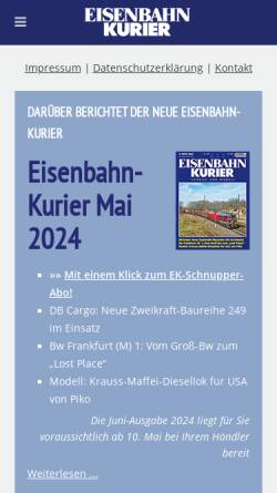 Vorschau der mobilen Webseite www.eisenbahn-kurier.de, Eisenbahn-Kurier