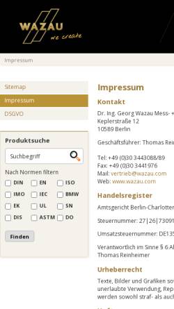 Vorschau der mobilen Webseite www.wazau.com, Dr.-Ing. Georg Wazau Mess- und Prüfsysteme GmbH