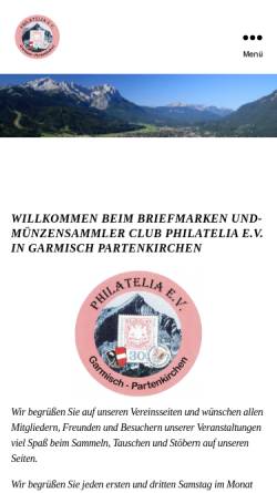 Vorschau der mobilen Webseite www.bms-philatelia.de, Briefmarken- und Münzensammler Club Philatelia e.V., Garmisch-Partenkirchen
