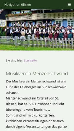 Vorschau der mobilen Webseite musikverein-menzenschwand.de, Musikverein Trachtenkapelle Menzenschwand