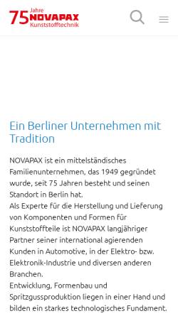 Vorschau der mobilen Webseite www.novapax.de, NOVAPAX Kunststofftechnik Steiner GmbH & Co KG