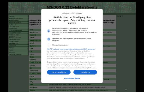 Vorschau von www.i8086.de, MS-DOS 6.22 Befehlsreferenz