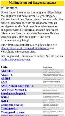 Vorschau der mobilen Webseite list.genealogy.net, Genealogy Mailinglisten