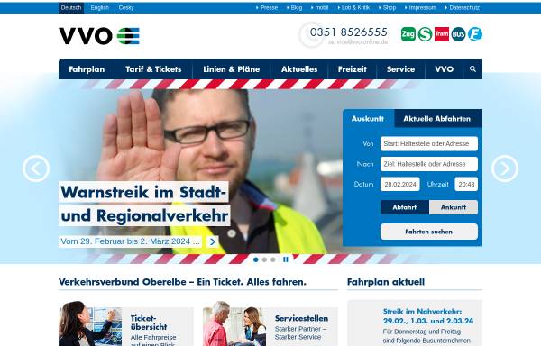 Vorschau von www.vvo-online.de, VVO Zweckverband Verkehrsverbund Oberelbe