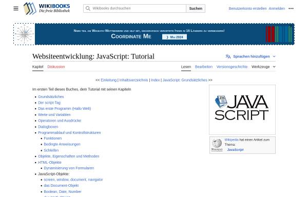 Vorschau von de.wikibooks.org, JavaScript: Tutorial