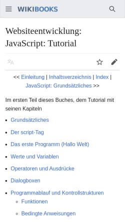 Vorschau der mobilen Webseite de.wikibooks.org, JavaScript: Tutorial
