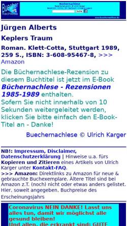 Vorschau der mobilen Webseite buechernachlese.de, Jürgen Alberts: Keplers Traum
