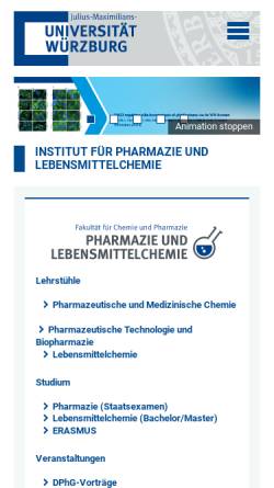 Vorschau der mobilen Webseite www.pharmazie.uni-wuerzburg.de, Institut für Pharmazie und Lebensmittelchemie, Würzburg