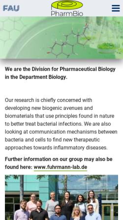 Vorschau der mobilen Webseite www.pharmbio.nat.uni-erlangen.de, Lehrstuhl für pharmazeutische Biologie der Universität Erlangen