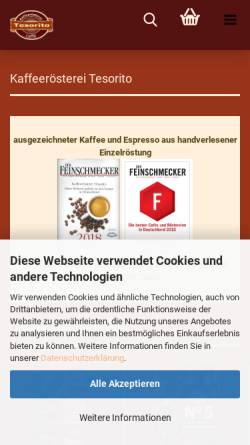 Vorschau der mobilen Webseite tesorito.de, Kaffeerösterei Tesorito, Daniela Wiedemann