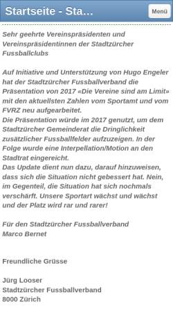 Vorschau der mobilen Webseite www.fussball-zuerich.ch, Stadtzürcher Fussballverband