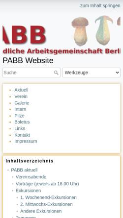 Vorschau der mobilen Webseite www.pabb.de, Pilzkundliche Arbeitsgemeinschaft Berlin-Brandenburg