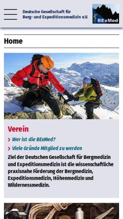 Vorschau der mobilen Webseite www.bexmed.de, Deutsche Gesellschaft für Berg- und Expeditionsmedizin e. V.