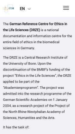 Vorschau der mobilen Webseite www.drze.de, Deutsches Referenzzentrum für Ethik in den Biowissenschaften