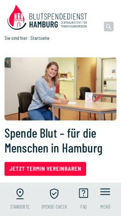 Vorschau der mobilen Webseite www.blutspendehamburg.de, Blutspendedienst Hamburg