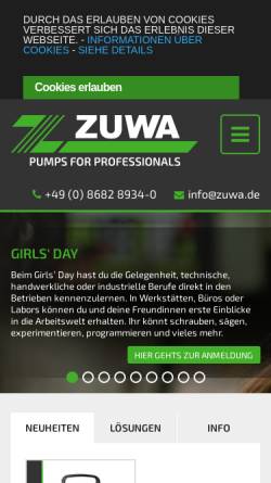 Vorschau der mobilen Webseite www.zuwa.de, ZUWA – Pumpen, Spritzgeräte & Spülstationen