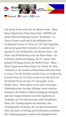 Vorschau der mobilen Webseite www.mamd.de, Modern Arnis - Mano Mano Organisation Deutschland