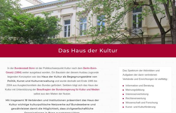 Vorschau von www.hausderkultur.de, Kulturpolitische Gesellschaft - Das Haus der Kultur in Bonn