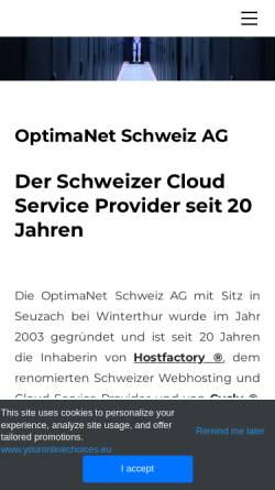 Vorschau der mobilen Webseite www.optimanet.ch, Hostfactory.ch, OptimaNet Schweiz AG