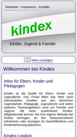 Vorschau der mobilen Webseite www.kindex.de, Kindex - Suchen rund ums Kind