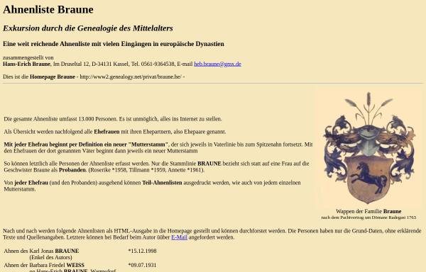Vorschau von www2.genealogy.net, Ahnenliste Braune - Exkursion durch die Genealogie des Mittelalters
