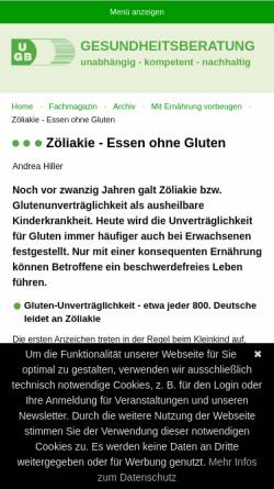 Vorschau der mobilen Webseite www.ugb.de, Zöliakie - Essen ohne Gluten