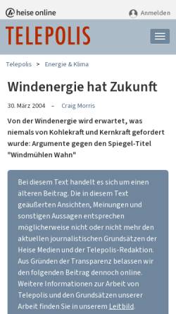 Vorschau der mobilen Webseite www.heise.de, Windenergie hat Zukunft
