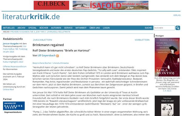 Vorschau von www.literaturkritik.de, R.D. Brinkmann: Briefe an Hartmut