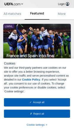 Vorschau der mobilen Webseite www.uefa.com, UEFA