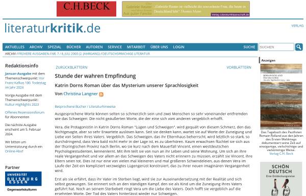Vorschau von www.literaturkritik.de, Die Stunde der wahren Empfindung
