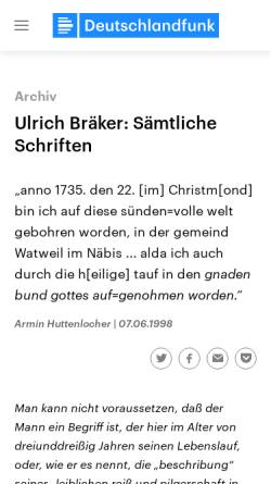 Vorschau der mobilen Webseite www.deutschlandfunk.de, Ulrich Bräker: Sämtliche Schriften