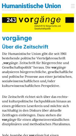 Vorschau der mobilen Webseite www.humanistische-union.de, Vorgänge - Zeitschrift für Bürgerrechte und Gesellschaftspolitik