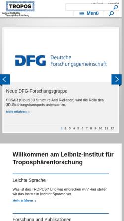 Vorschau der mobilen Webseite www.tropos.de, Institut für Troposphärenforschung e.V. Leipzig