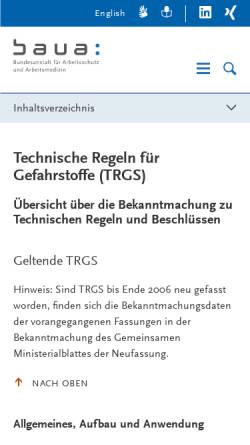 Vorschau der mobilen Webseite www.baua.de, Technische Regeln für Gefahrstoffe (TRGS)